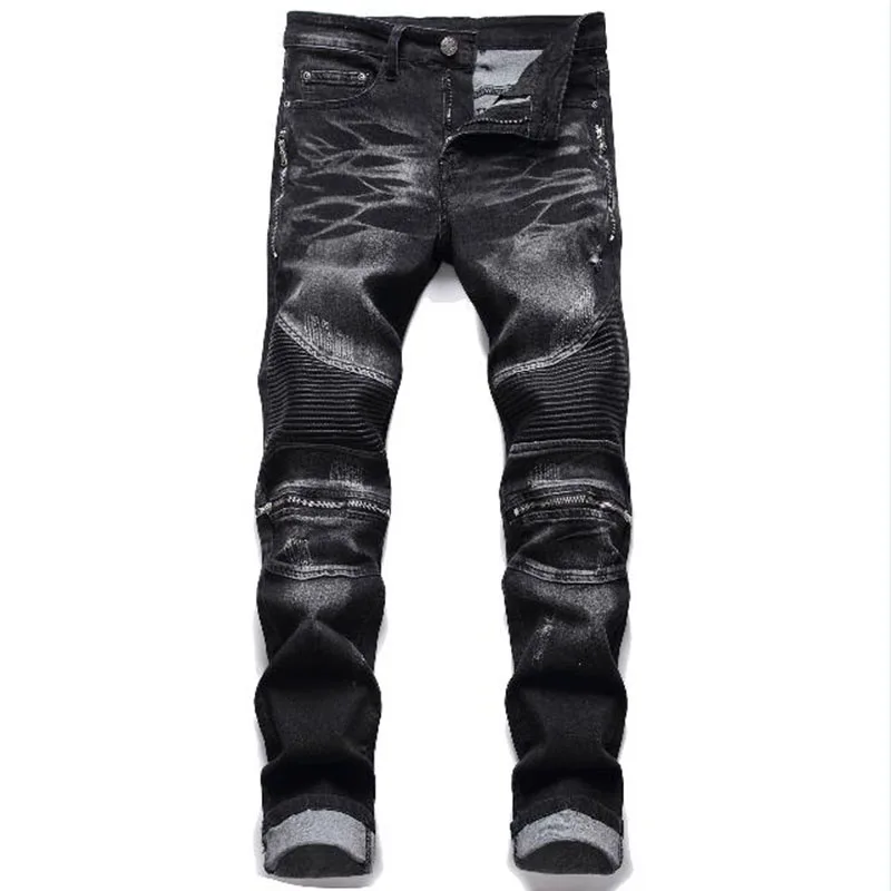 

2022 New Fashion Mens Biker Jeans Slim Straight Zipper Autumn Men Desiger Washed Denim Pants Pleated Motorcycle Jeans Trousers