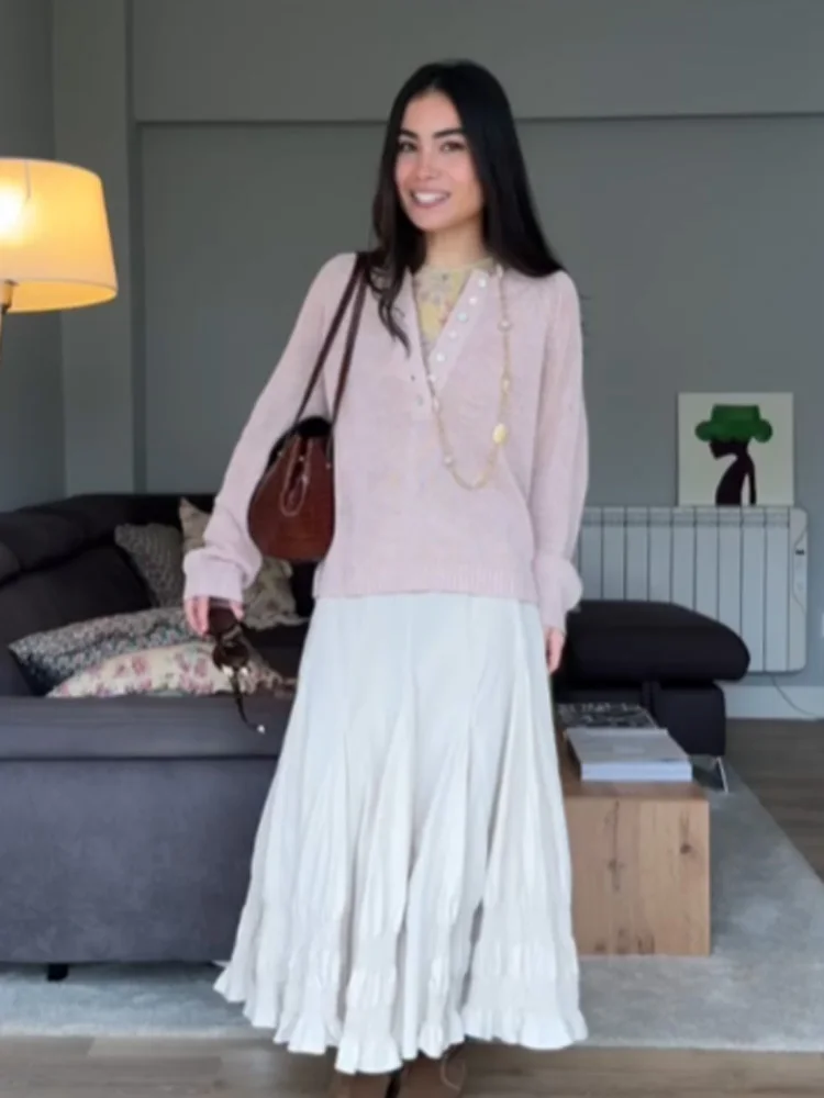 HH Spring Women Elegant Versatile Side Zipper Midi Skirt Female High Waist Casual Streetwear Wave-type Wide Swing Solid Skirt