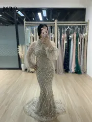 MYMB Dubai Luxury Off Shoulder Halter Neck Caramel Wedding Guest Gowns Exlcusive Beaded Mermaid Evening Formal Occasion Dresses
