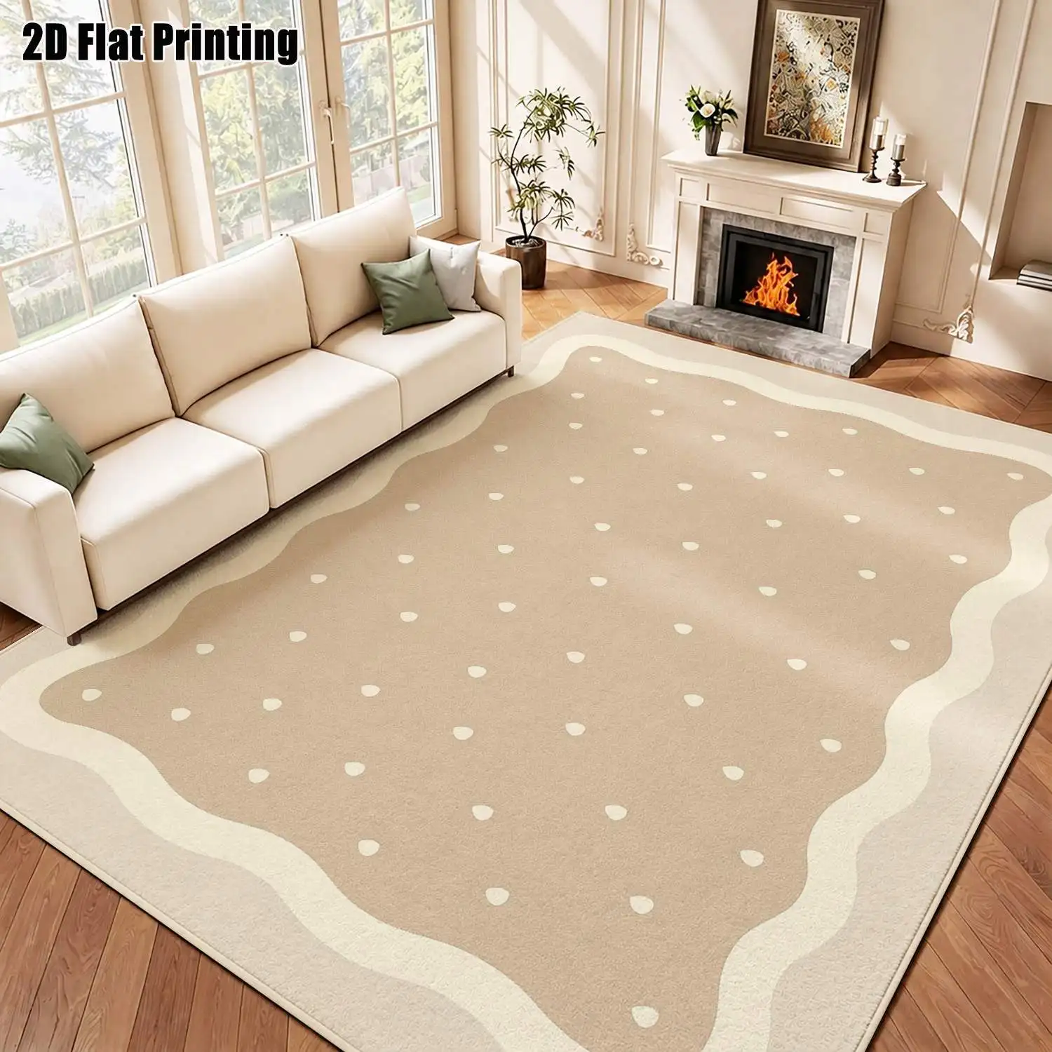 1Pc 2D Printed Beige Polka Dot Nordic Carpet, Instagram-Inspired Modern Minimalist Geometric Striped Floor Mat, Machine Washable, Multi-Size for Home Decoration: Entrance, Dining, Foyer, Bedroom, Living Room