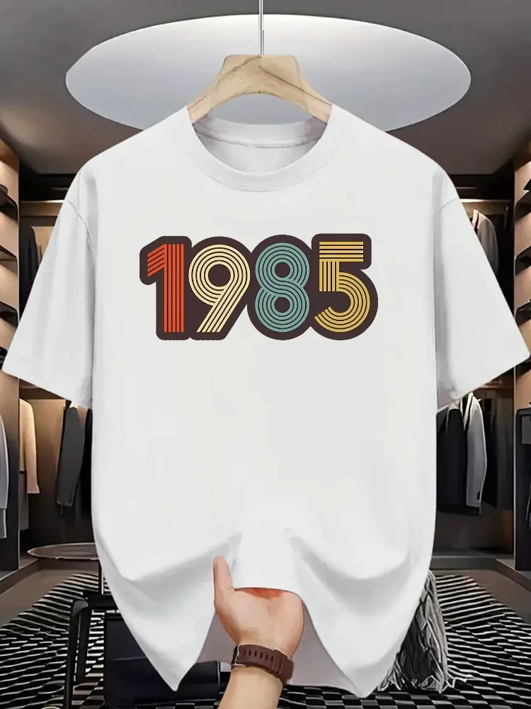 Summer Men's 100% Pure Cotton Casual Loose Retro 1985 Pattern Printed Comfortable Sports Round Neck Short Sleeved T-shirt Top