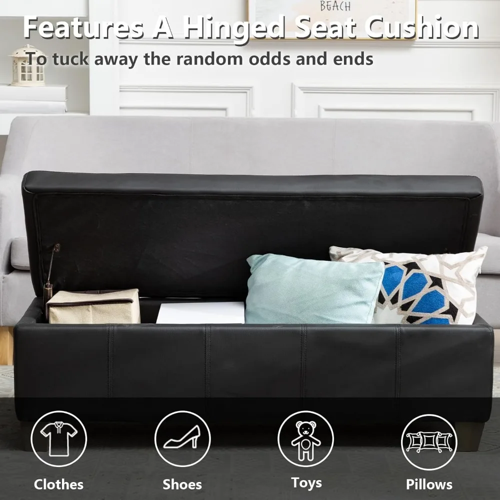 مسند مستطيل من الجلد الصناعي الأسود مع مساحة تخزين، مقعد سرير طويل جدًا لاستخدام غرفة النوم