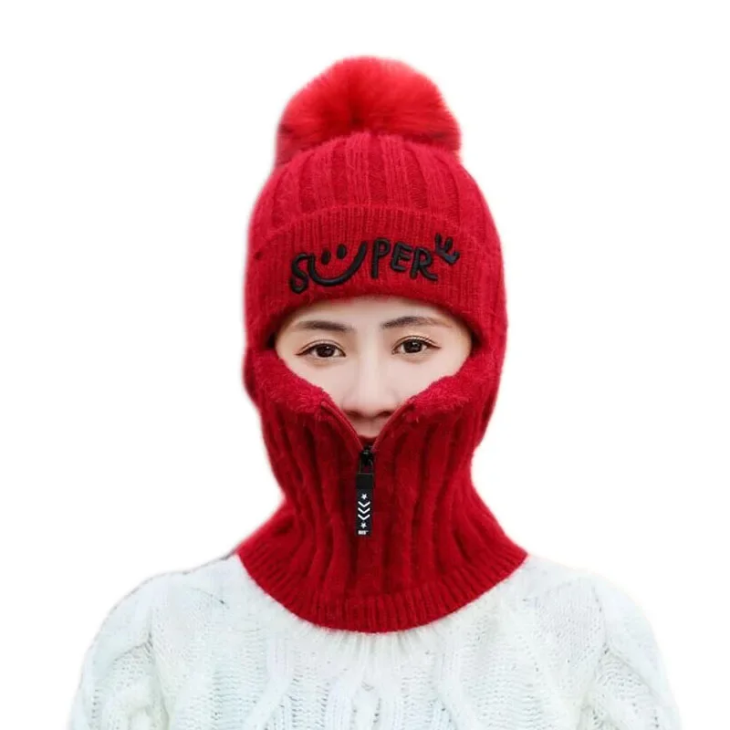 Knit Beanie Hat and Scarf Set Hairball Pompom Hats Female Thick Hat Winter Warm Cute Girls Fashion Letter Smiley Zipper hat