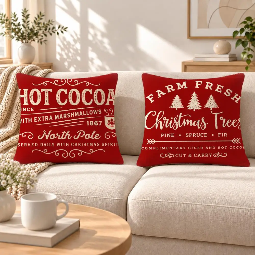Holiday Vintage Signboard Christmas Cushion Cover Soft Short‑Plush Pillowcase, Sofa Bedroom Home Decor, Holiday Gift