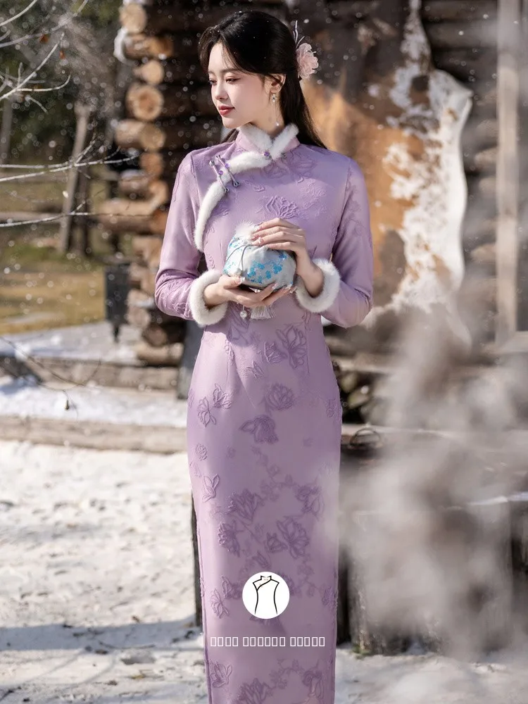 

Фиолетовый зимний плащ-накидка в китайском стиле, молодежный, высококачественный, с наклонным воротником, низким разрезом, для повседневной носки, теплый