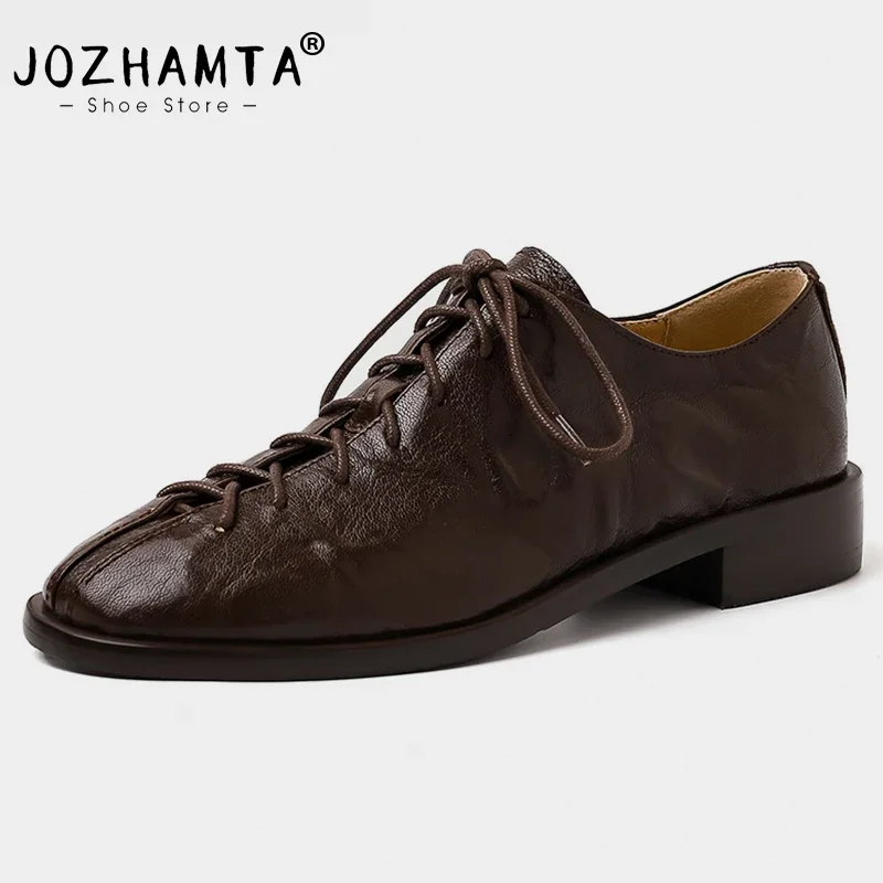 JOZHAMTA Size 34-39 Retro Flats Shoes For Women Real Leather Lace-Up Low Heels Shoes Vintage Spring 2025 Office Lady Daily Dress