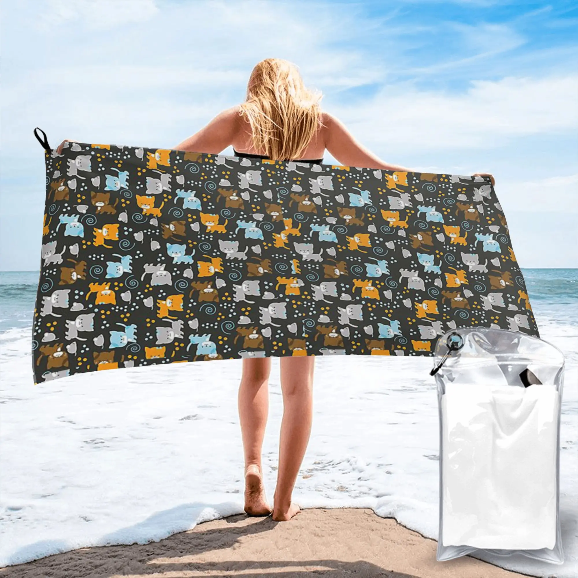 Gray Ginger And Siamese Kittens Cats Beach Towel Soft Microfiber Quick Dry Absorbent Quick Towels For Mountain Climbing