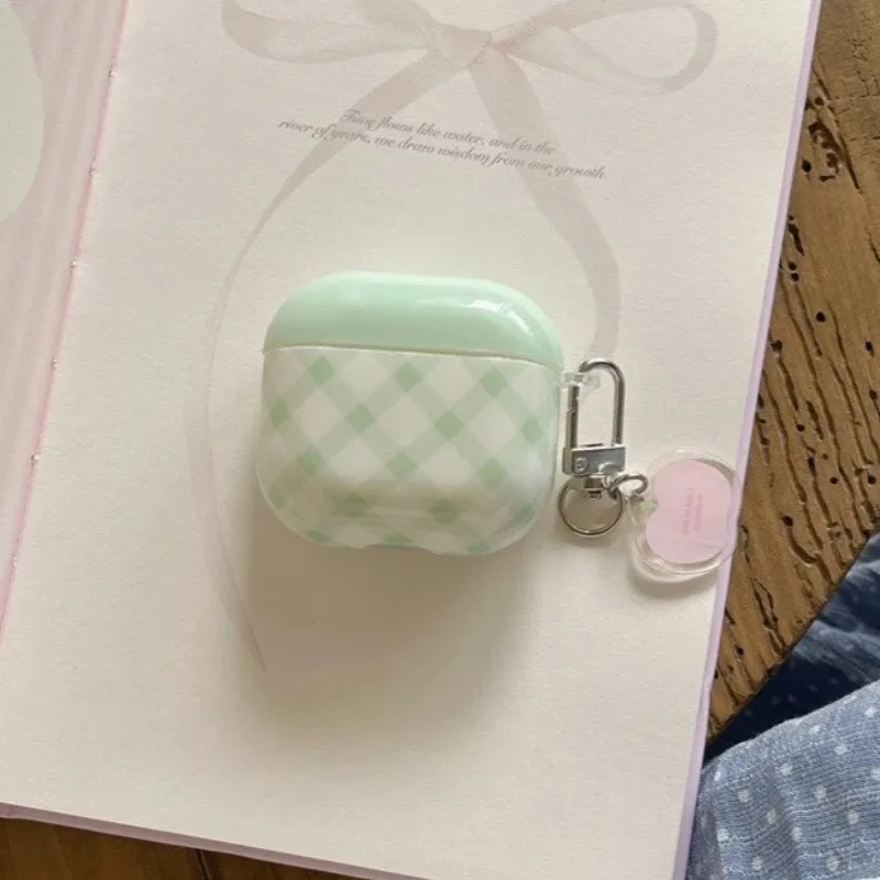 Cute Fresh Green Rhomboid Pattern Case For Airpods 4 1 2 3 Cases For Airpods Pro2 Wireless Earphone Cover with Apple Pendant