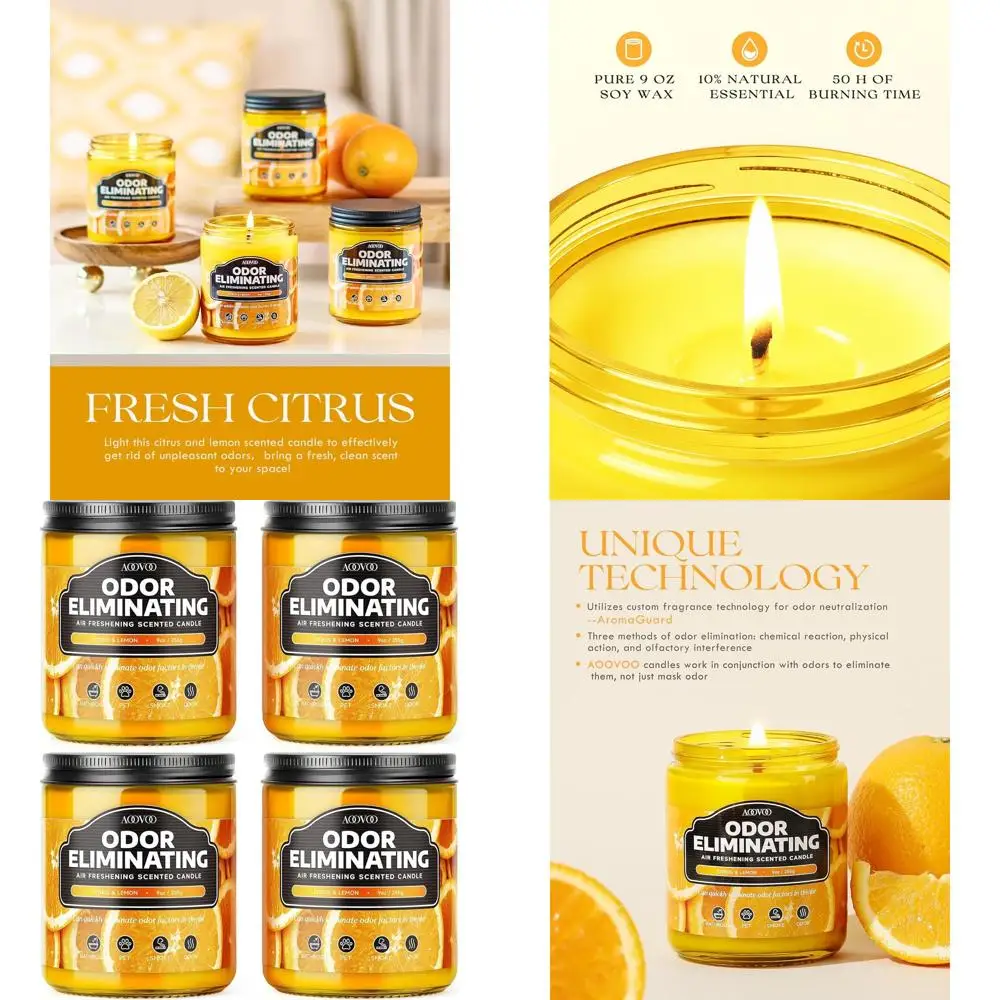 

4 Pack Citrus Lemon Odor Eliminating Highly Fragranced Candle - Eliminates 95% of Pet, Smoke, Food, and Other Smells Quickly, Ai