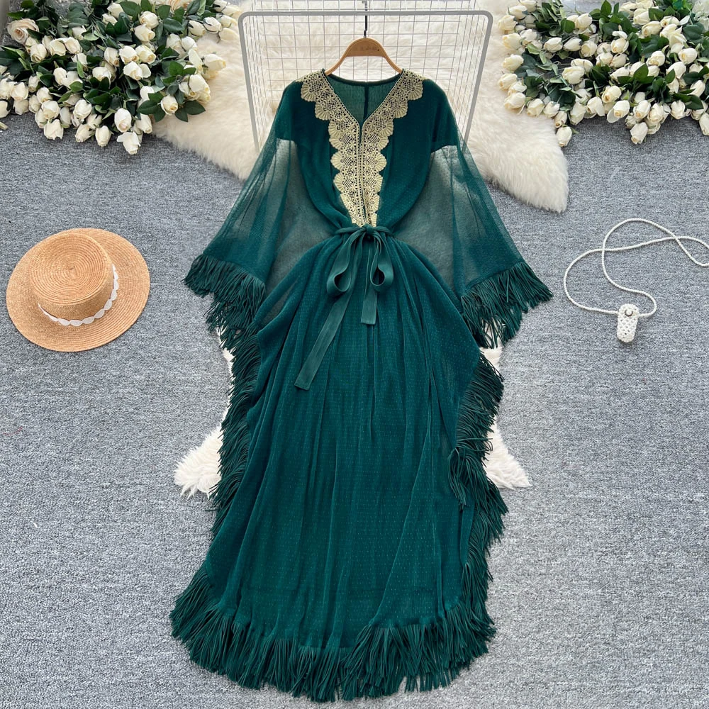 Premium Lace Splicing V-neck Dress Women Waist Slim Tassel Long Mesh Elegant Dressees 2025 Summer Light Luxury Long Skirt New