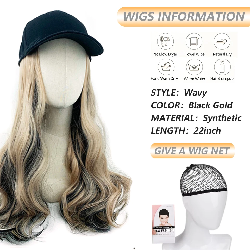 Hat Wig Long Wavy Golden Highlight Black Hair Baseball Cap Hair Extension Synthetic One Piece Hat Wig for Women Stylish Convenie