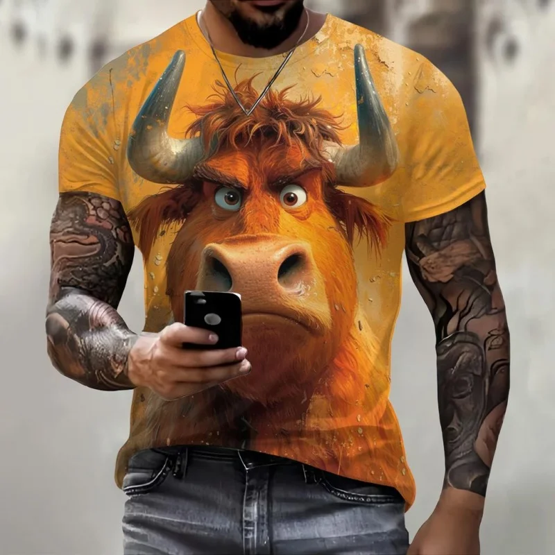 Fun Cartoon Cow Pattern T-Shirt For Men Cute Animal 3D Printed Tees Summer Casual Short Sleeve O-Neck Loose Street T Shirts Tops