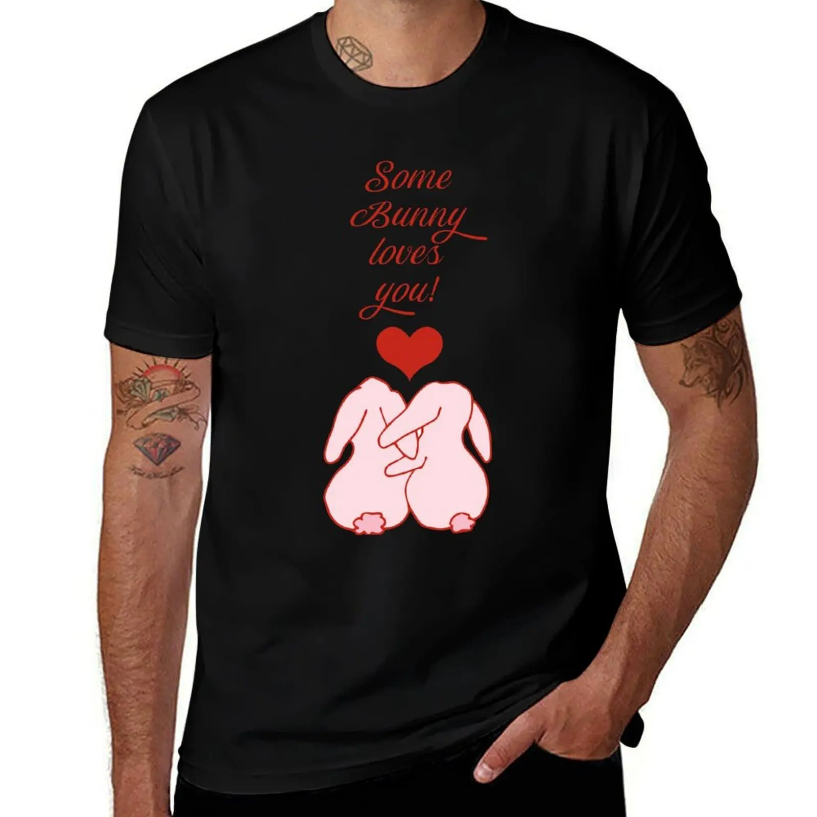 

some bunny loves you - Valentine's Day damask pattern with white rabbits on red T-Shirt anime t shirts oversize T-Shirt