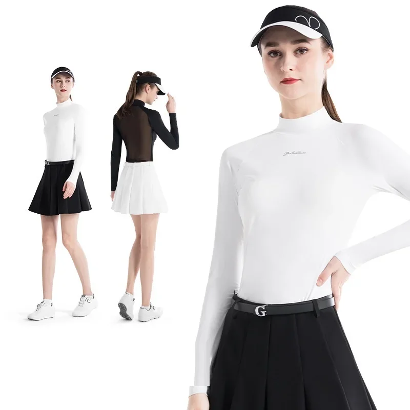 PGM 2024 letnie golfowe damskie koszulki z filtrem przeciwsłonecznym z długimi rękawami ultra-cienka lodowy jedwab koszula z wycięciem pod szyją damskie oddychające siatkowe topy golfowe — zdjęcie 2