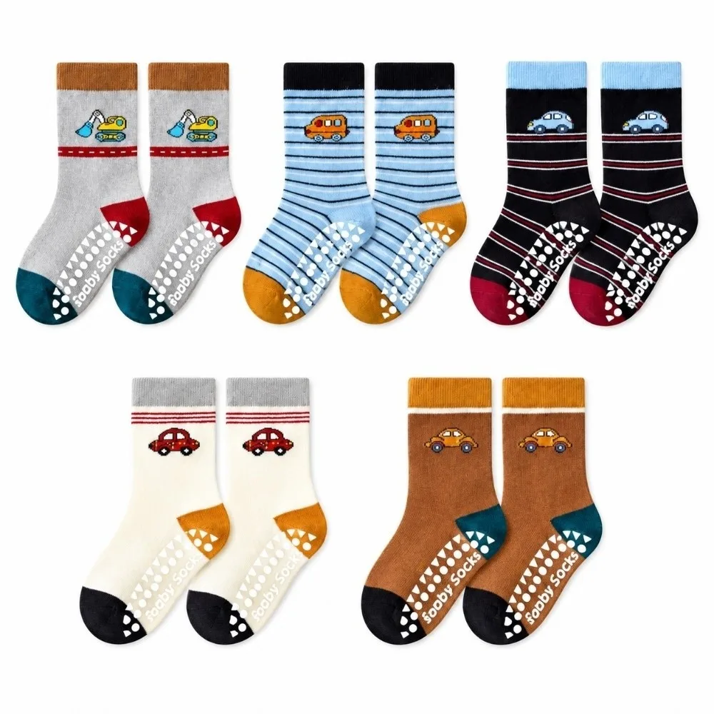 5 Pairs Cute Breathable Non-Slip Socks Cotton Mid Calf Floor Socks Stretch Multi Pattern Socks Indoor Play