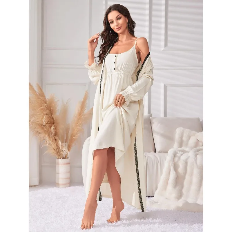 2pcs set women pajamas set casual sleeveless nightgown and robe with lace trim mid length loungewear sleepwear AliExpress