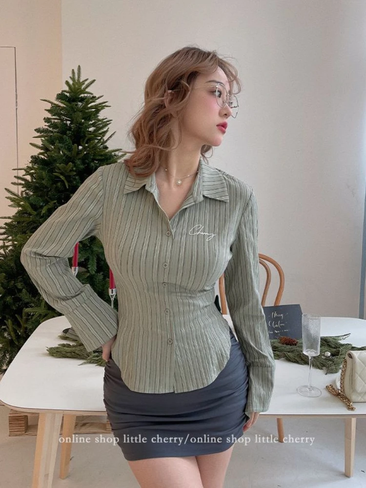 HOUZHOU Sexy Bodycon Striped Shirt Long Sleeve Korean Fashion Slim Women Blouses Green Chic Vintage Embroidery Aesthetic Tops