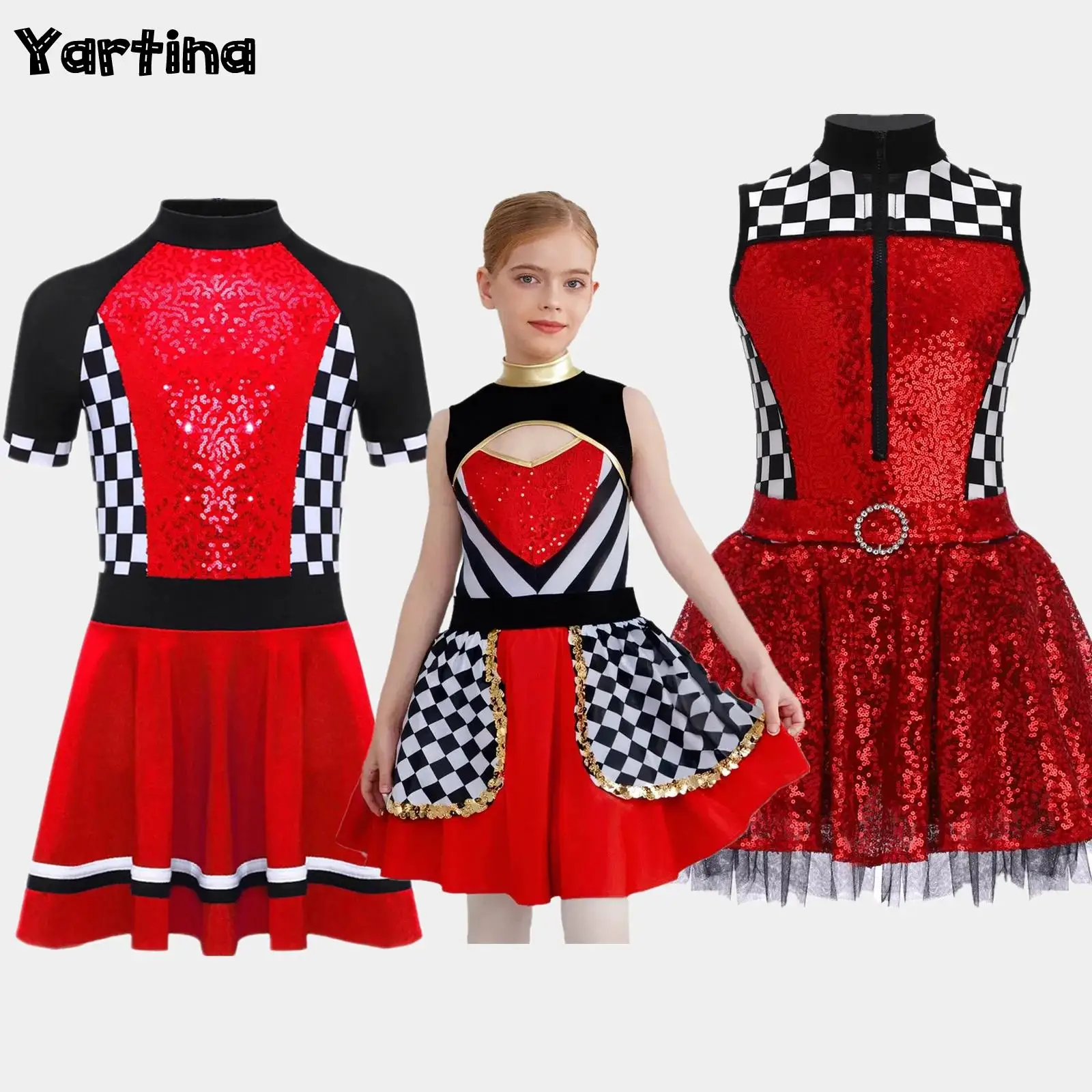 

Girls Race Car Driver Halloween Cosplay Costume Sequins Front Zipper Waist Ring Rhinestone Puffy Racing Girls Tutu Dress