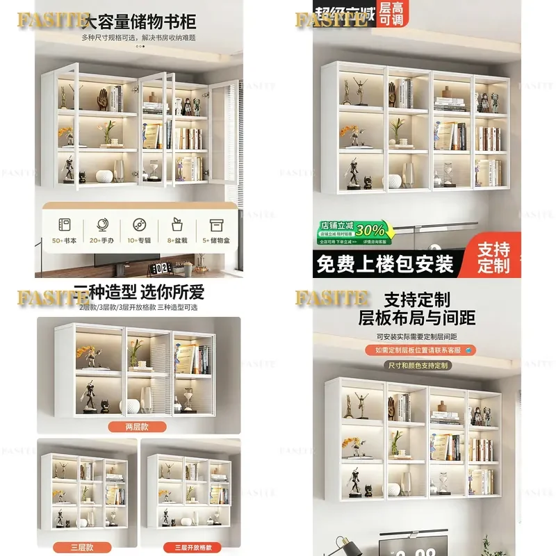 For Wall Mounted Glass Display Cabinet Hanging Bookshelf Kitchen Storage Shelf Figure Model Showcase Home Decor Furniture