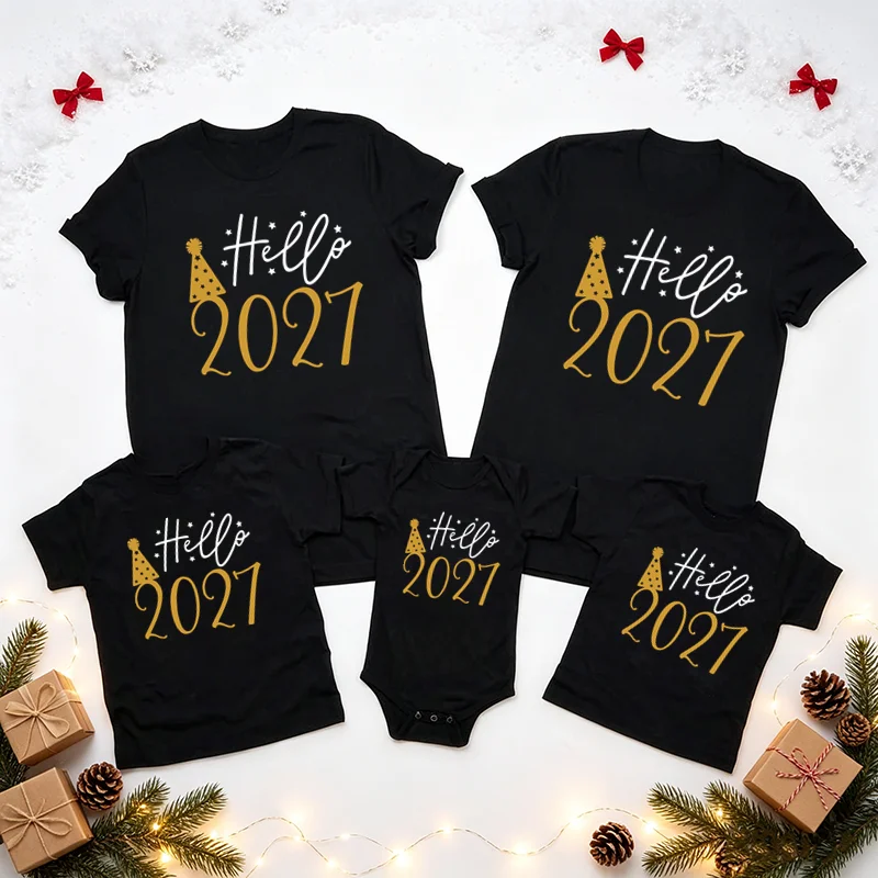 Hello 2027 Family Matching T Shirts Happy New Year Party Outfit Dad Mom Kids Baby Romper Short Sleeve Cotton Family Look Tees