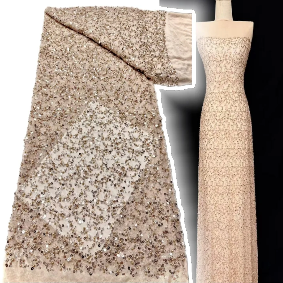 

New High Quality Premium Grade African Tulle Lace Fabric 5yards Nigerian Sequins Beads Tulle Lace Fabric for Wedding Dress Z1268