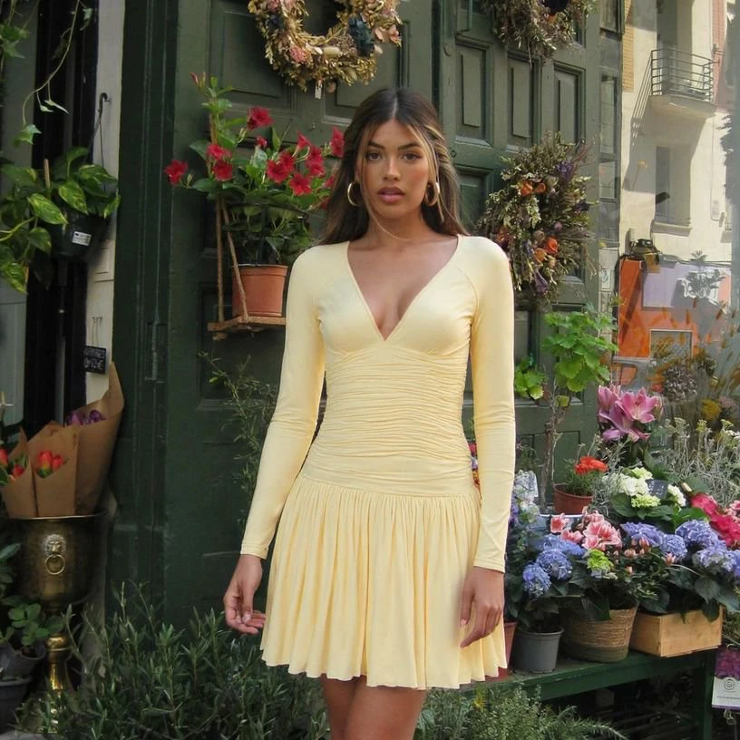 Gelb Geraffte Langarm Kurzes Kleid Neue Herbst Slim Fit V-ausschnitt EINE Linie Kleid Dame Verstido Frauen Mode Hohe Taille Party kleid