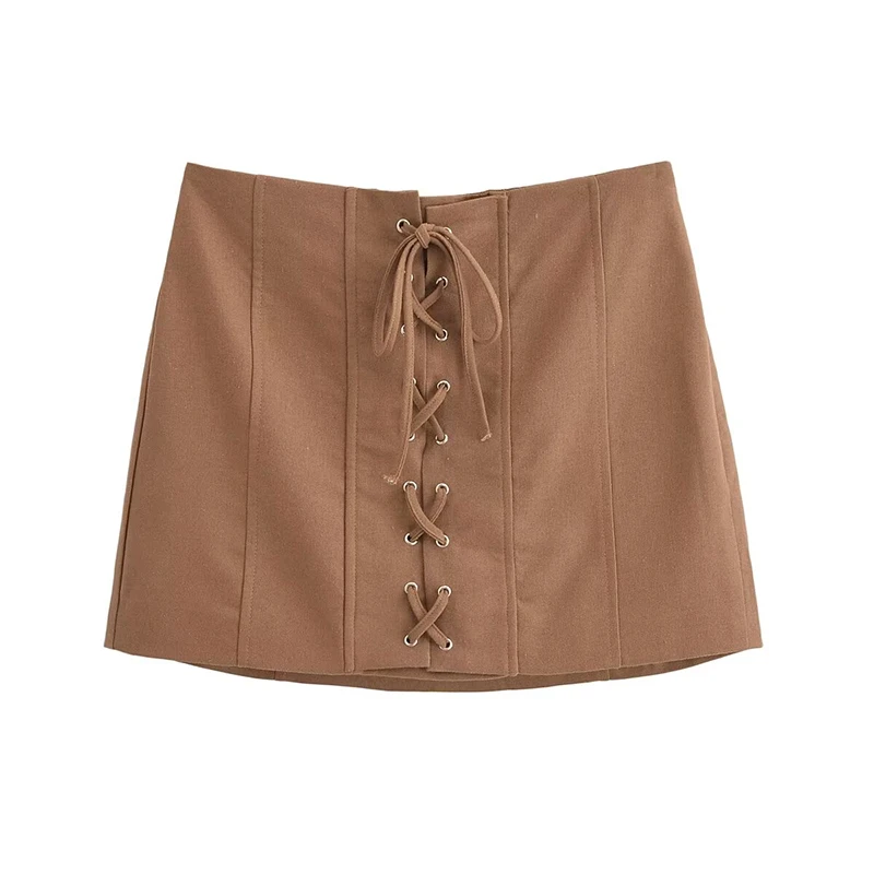 

YENKYE New Women Front Cross Lace Up Mini Skirt Vintage Side Zipper Mid Waist A-line Summer Skirts Brown faldas para mujeres