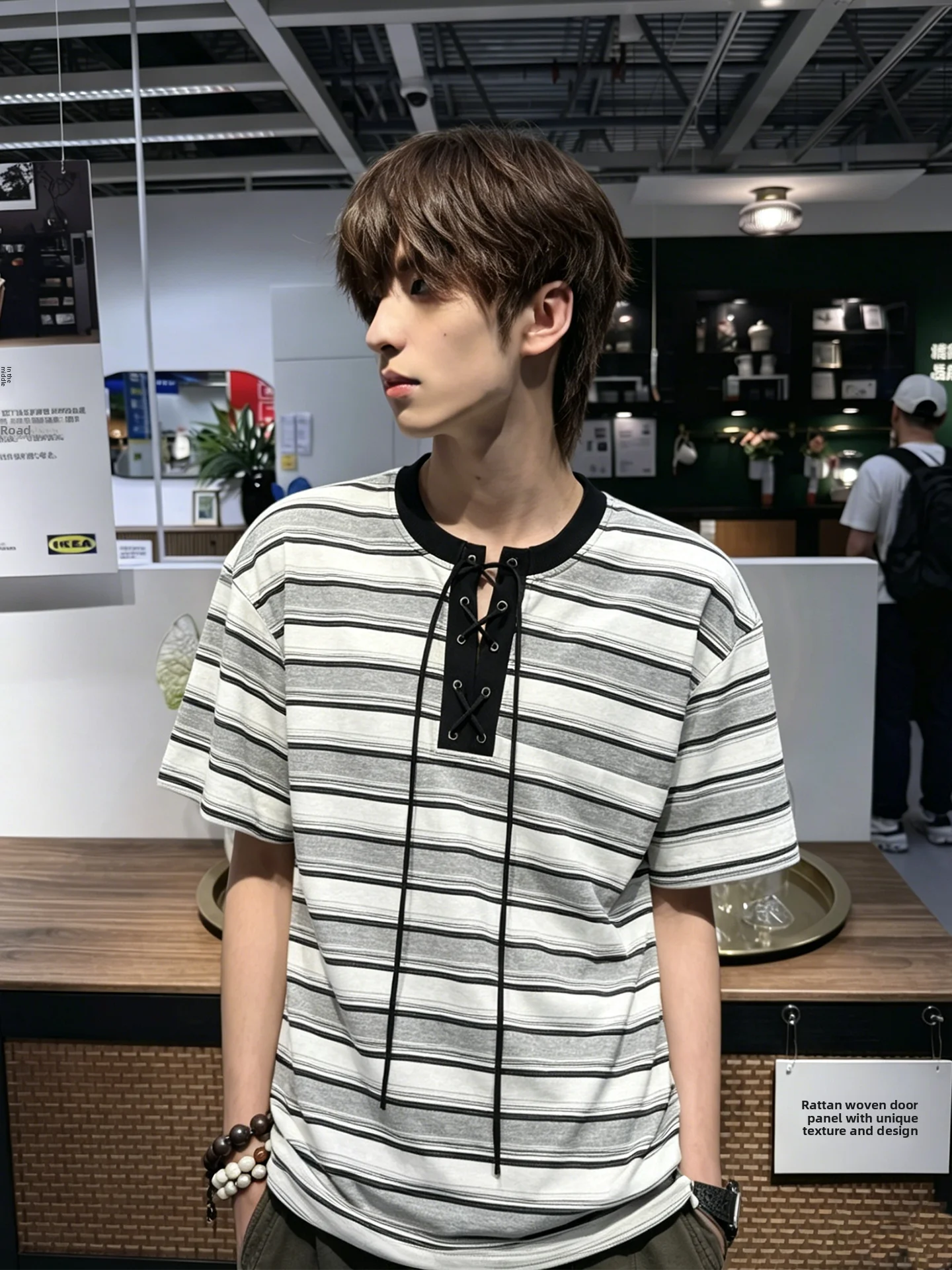 American Stripe Knitted Short Sleeve T-Shirt with Drawstring Bowtie Henry Collar Men's Summer Fashion College Style Breathabl...