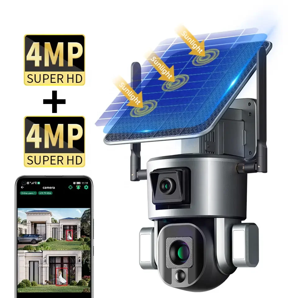 4K 4MP 4G WiFi 4X 10X Zoom Wireless Outdoor Solar Powered Security IP Auto Human Track 8MP Dual Lens CCTV 4g Solar Ptz Camera