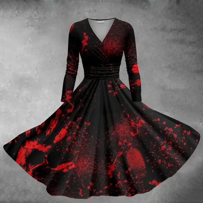 Halloween V Collar Long Sleeved Dress Terror Blood Handprints and Bloodstains Leisure Slimming Outdoor Cosplay Clothing 2024