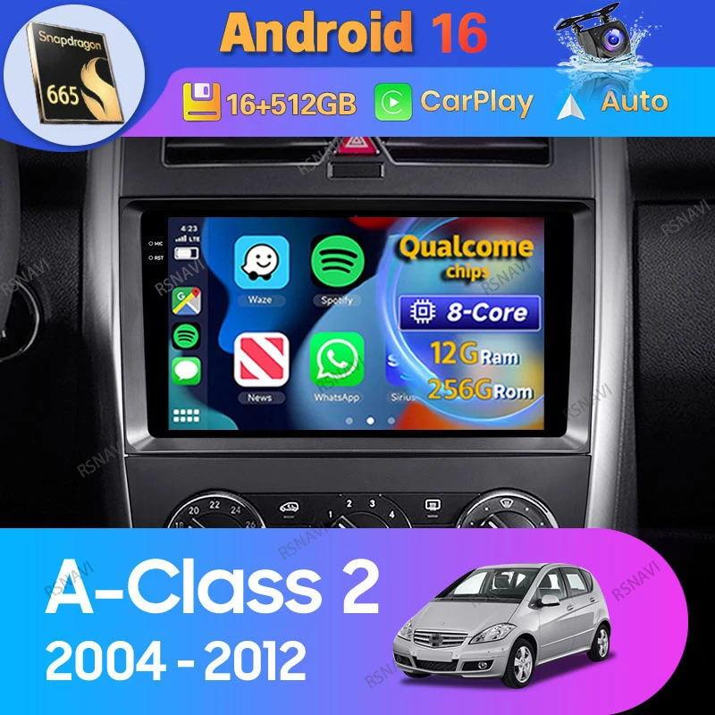 Android 16 Car Radio For Mercedes-Benz A-Class 2 W169 C169 2004 - 2012 Carplay Auto Navigation WIFI 4G Stereo Video Player 2Din