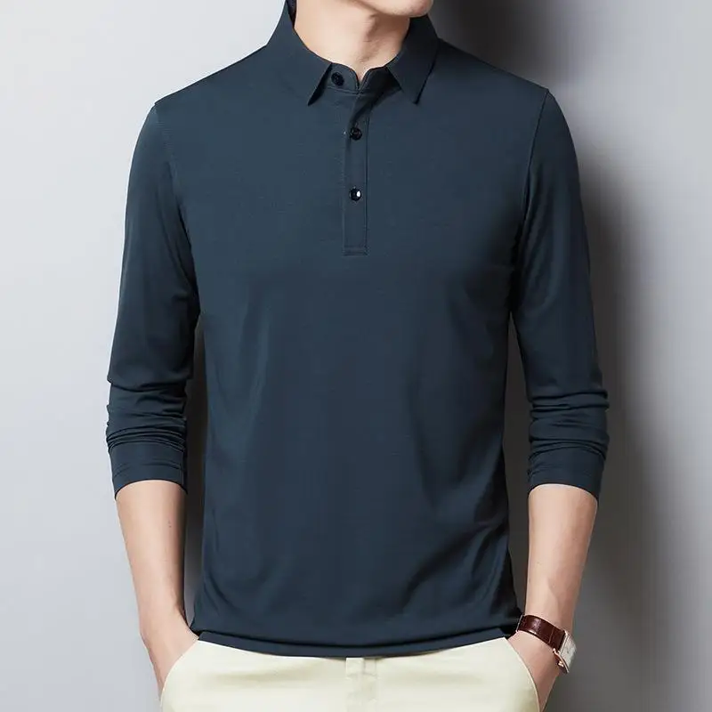 

Shiny Cotton Long Sleeve Collared Slim Fit Color T-Shirt Fashionable Versatile Casual Wear for Middle Youths And Adults