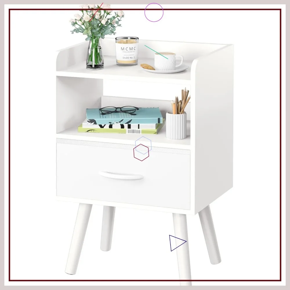 

Modern Nightstand with Drawer, Mid-Century Bedside Table, Open Shelf Storage, Wooden Small Stand for Bedroom, 2-Tier Design