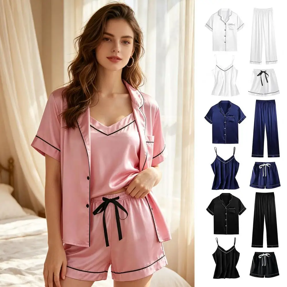 4PCS Silk Satin Pajamas Set For Women Large Size Sleepwear Soft Button Down Loungewear Sets Solid Pyjamas Suit Home Clothes