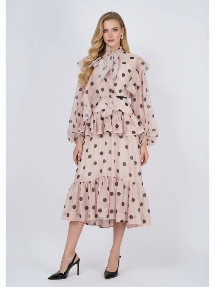 Wave Point Set Women's Spring New Scarf Collar Bubble Sleeve Top with Long Ruffle Half Length Skirt Set