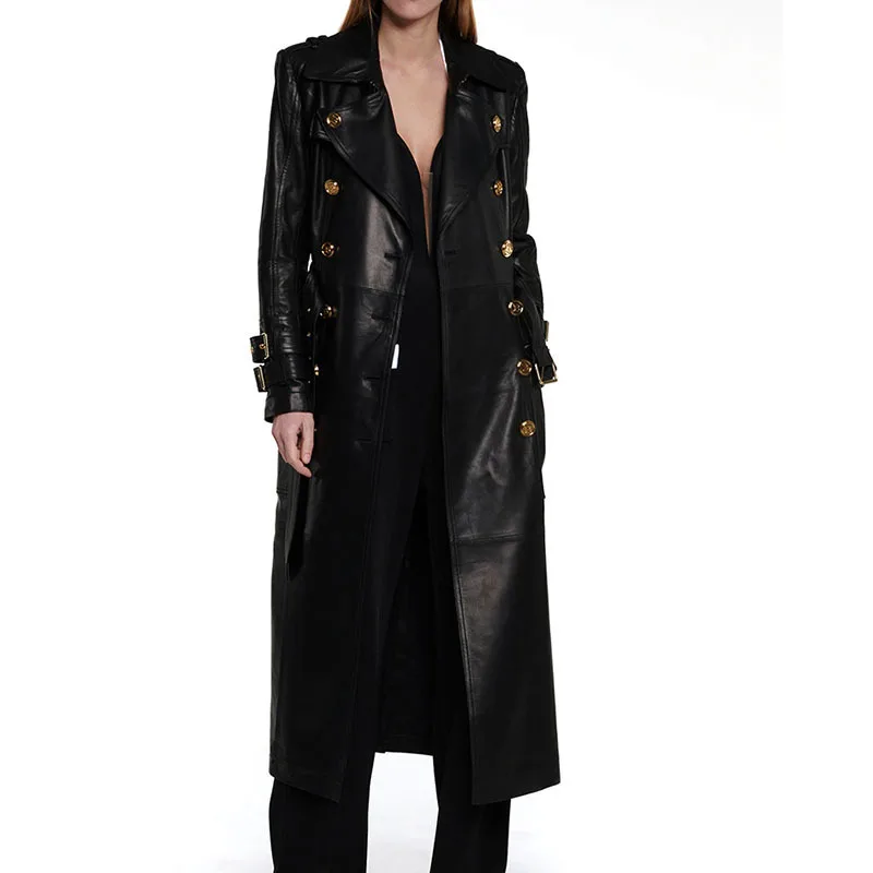 2023 Genuine Leather Jacket Women's Trench Coat Trend Designer Metal Button Autumn Winter Long Sheepskin Jacket with Belt