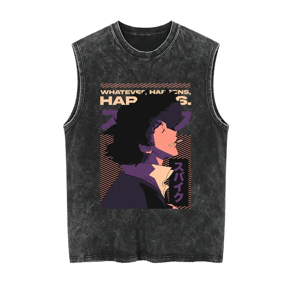 Anime Cowboy Bebop Faye Valentine Spike Spiegel Oh Well Whatever Happens Happens Vintage Washed Tank Tops Men Casual T-shirts