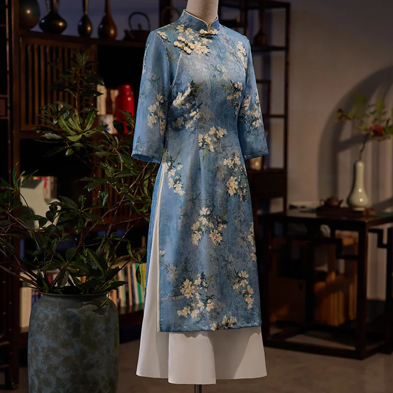 2024 New Improved Chiffon Embroidered Little Ao Dai Qipao Evening Party Skirt Tang Suit Hanfu Cheongsam Dress For Women