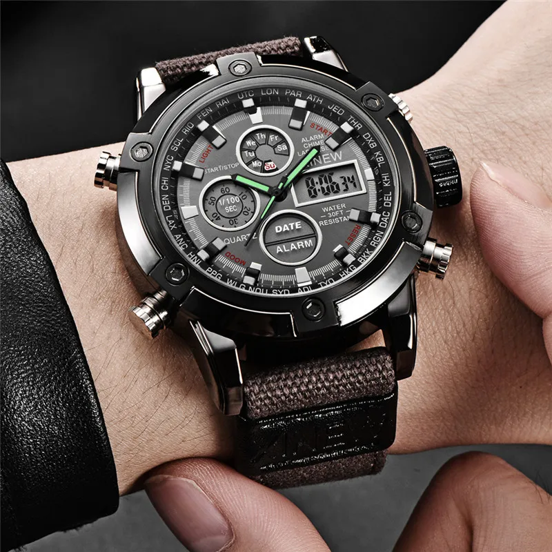 Men Original XINEW Big Brand Chronograph Watches Fashion Nylon Band Alarm Multifunctional Army Sports Dual Time Digital Watch