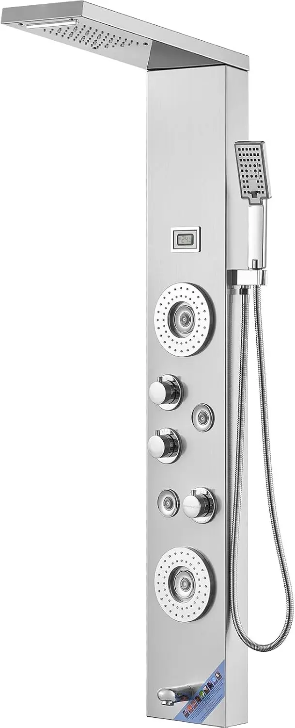 6-Mode LED Shower Panel with Rainfall, Waterfall, Massage Jets & Handheld, Stainless Steel, Wall-Mounted