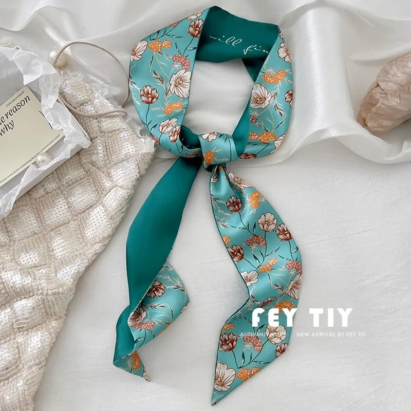 Korean Version of Versatile Long Streamer Tied Hair Peacock Blue Small Silk Scarf