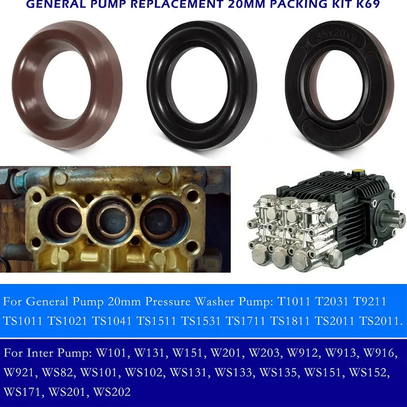 ESUYA General Pump Kit 69 Packing Kit with Restop Ring for 20mm Pressure Washer Pump T, TS, W, WS Series of Products K69