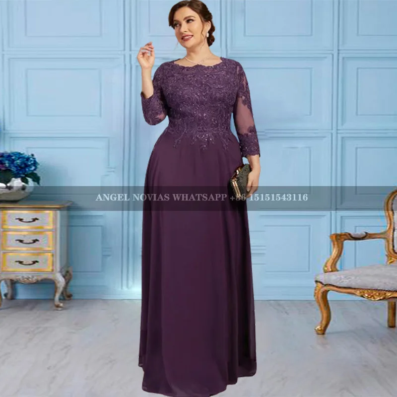 Long Sleeves Plus Size Purple Chiffon Mother of the Bride Dress Wedding Party Dress Robes Invitee Mariage