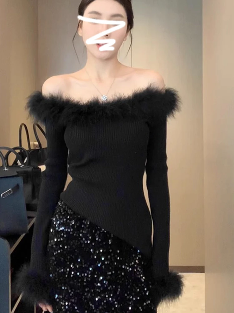 

Stunning Knitted Sweater Women's oulder Bared Furry Splice Spring Autumn New Sle Slim Fit Sexy Ele Beautiful Sweater