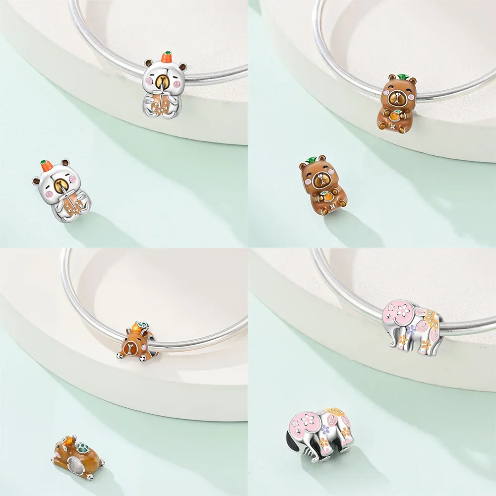 Animal Original Charms 925 Silver Pink Cute Bear Capybara Elephant Squirrel Panda Beads Bracelet Jewelry Party DIY Trendy Gifts