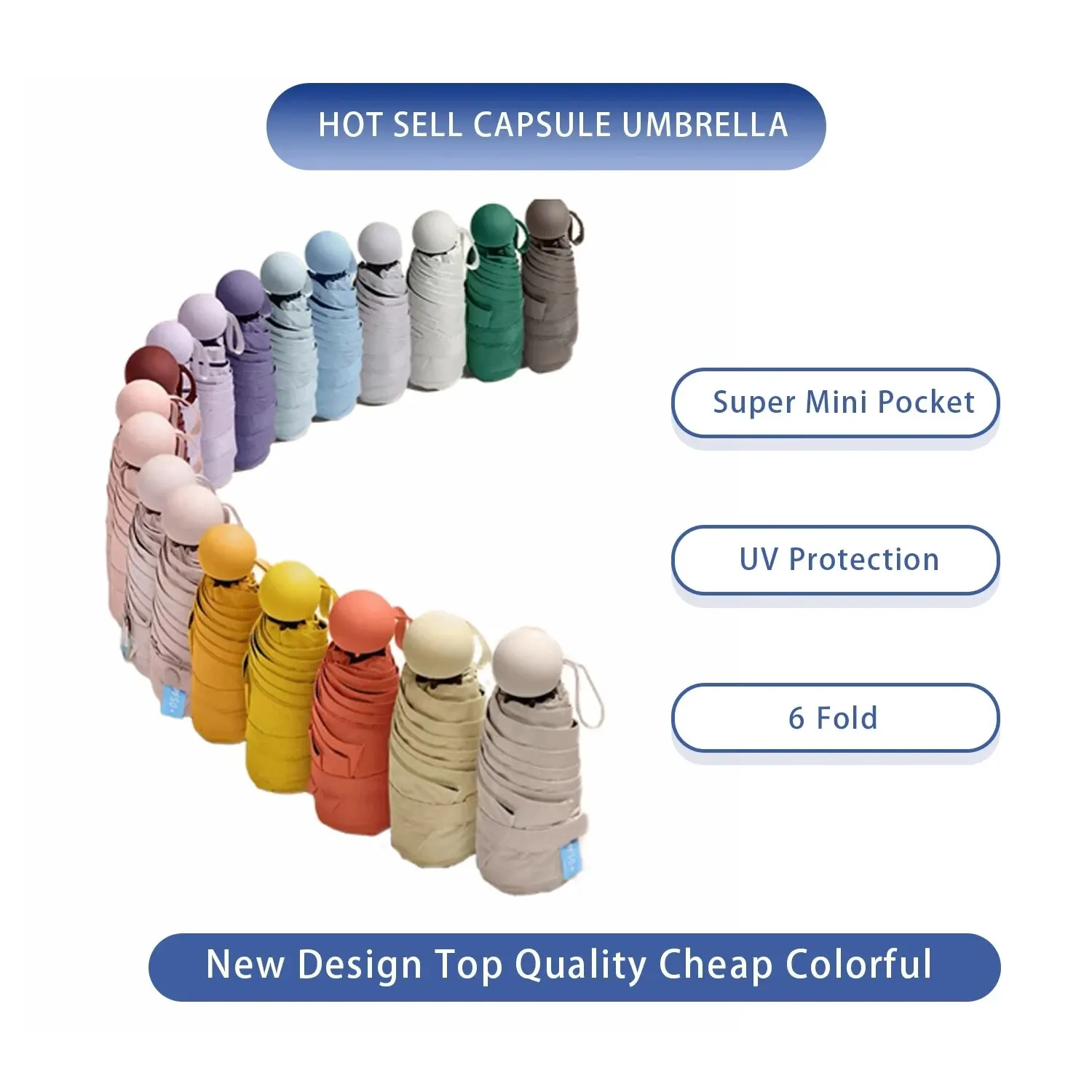1pc Travel Umbrella With 6 Rib Reinforced Compact Lightweight Strong Waterproof Folding Umbrellas JJ3132