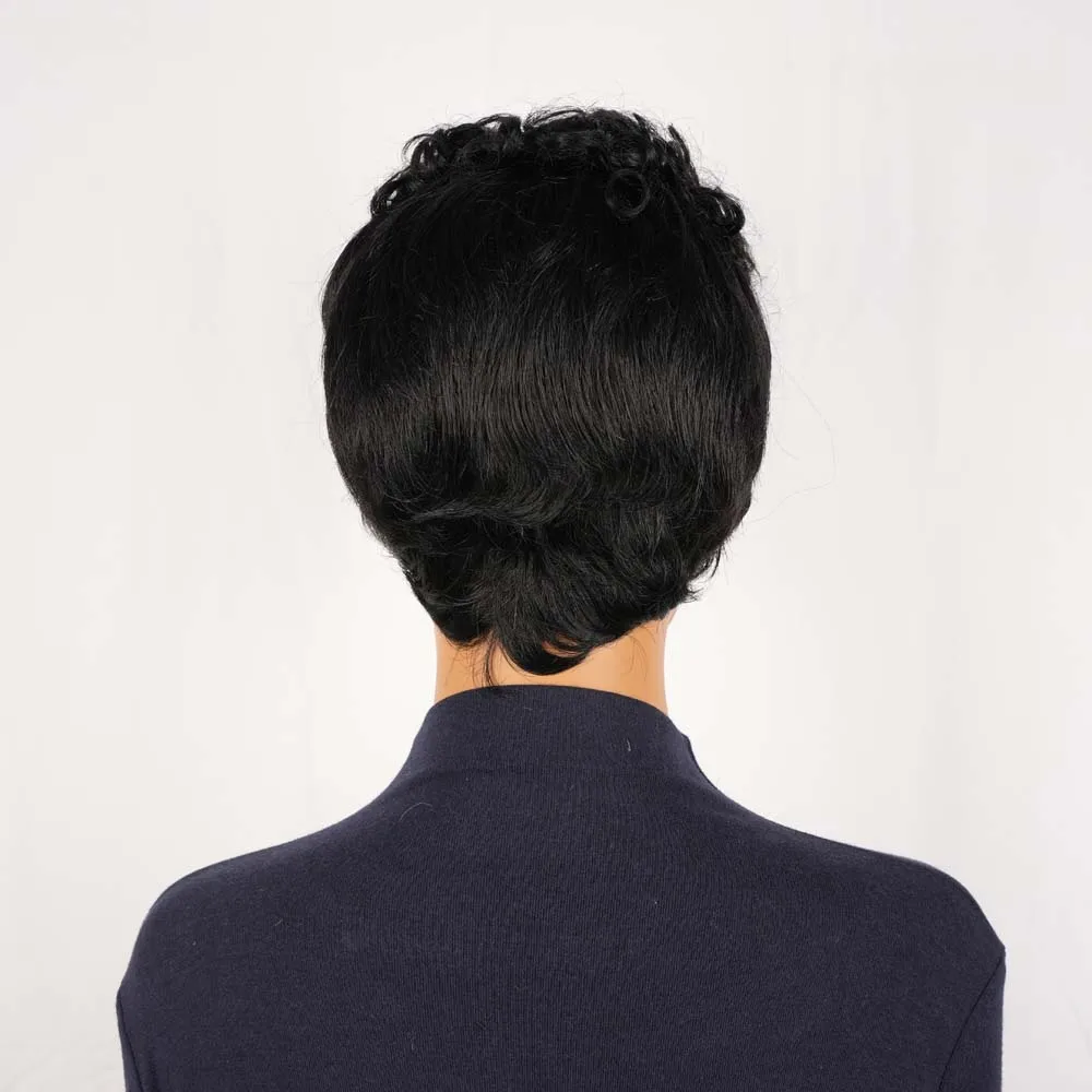 흑인 여성용 짧은 곱슬 픽시컷 인모 가발, 레이어드 브라질리언 레미 헤어, 기계 제작 블랙 컬러 가발 (일상용)