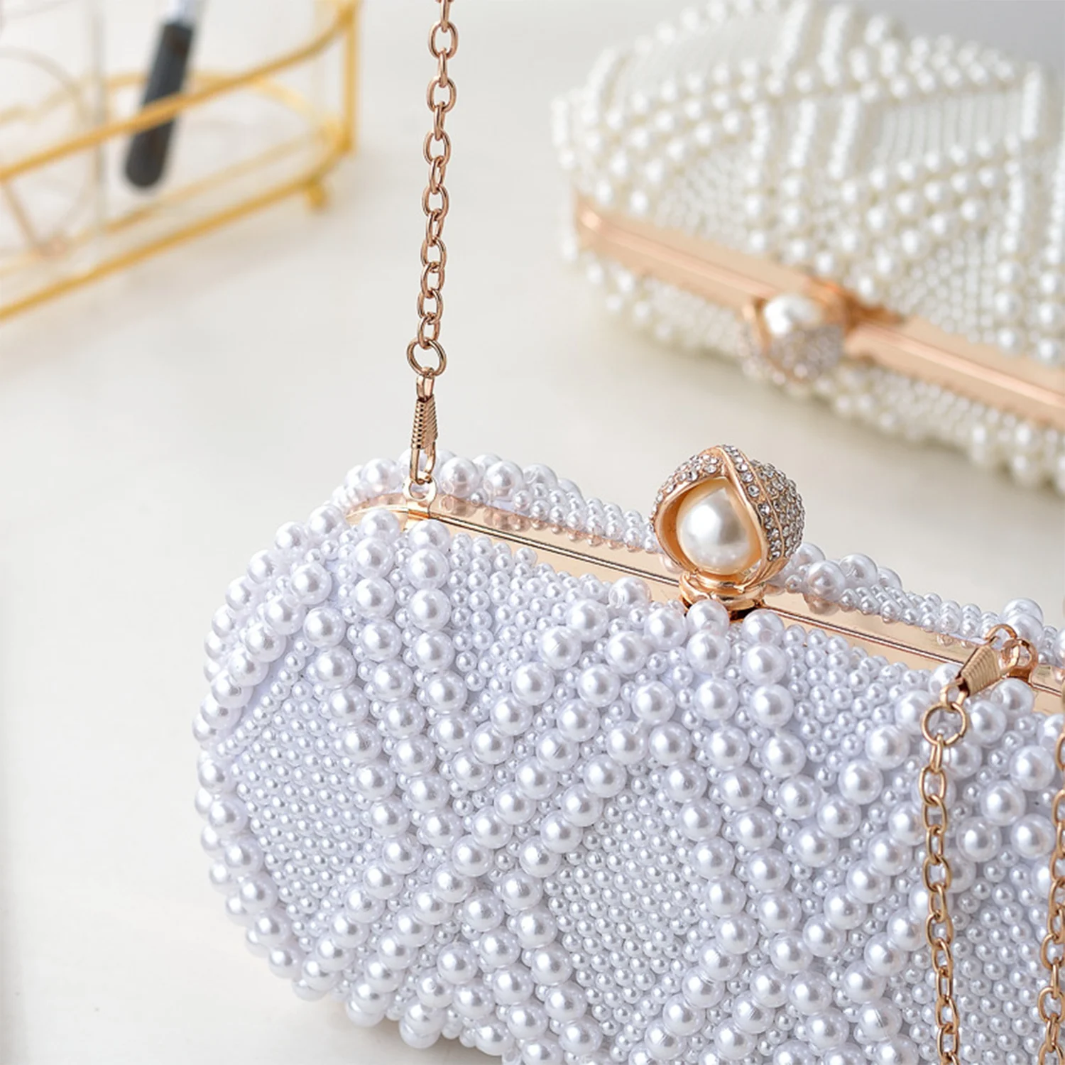 New Sweet Bridal Pearls Crystal Beaded Clutch Bags White Beige With Shoulder Chain Handbags Cross Body Ladies Special Party Bag view 6
