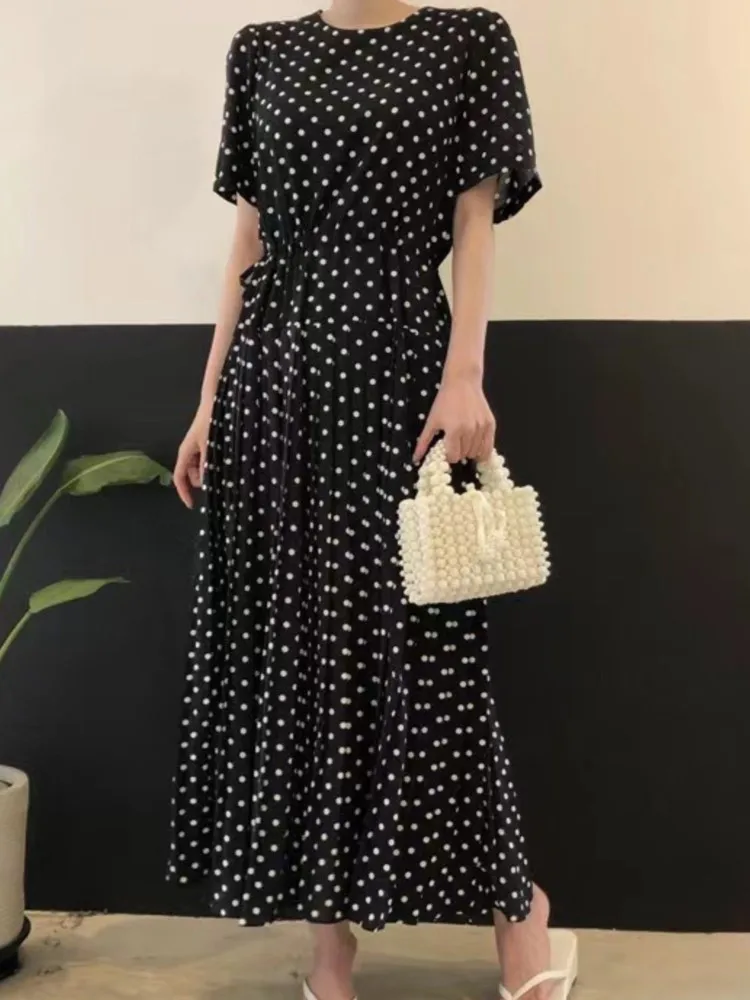 Zomer Poff Mouw Katoen Polka Dot Geplooide Jurk Vrouwen Elegante Vintage Japanse Losse Casual Feature Kraag Dames Jurken