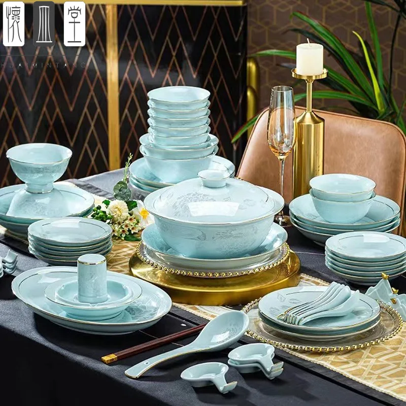 Luxurious Exquisite Bone China Dinner Ware Jingdezhen Blue Glazed White Porcelain Tableware Set